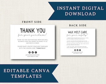 Wax Melt Care & Thank You Card Business DIGITAL DOWNLOAD Template | Editable Simple Minimalist CANVA Template Design | 5.5" x 4.25" Card