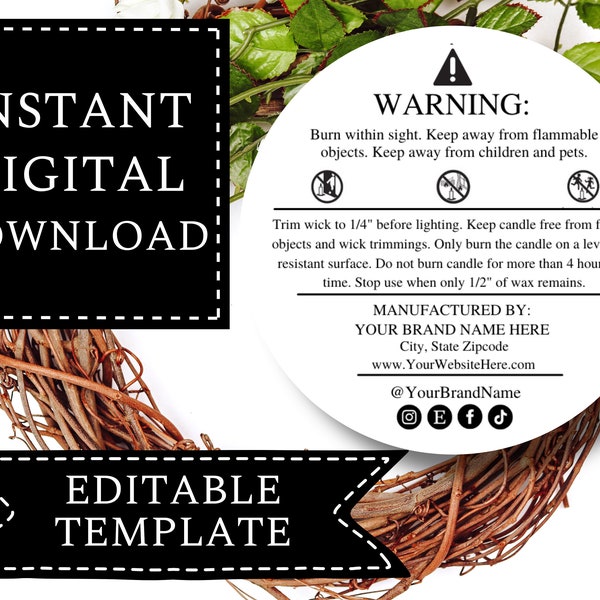 Candle Warning Label Template DIGITAL DOWNLOAD | Custom Editable Template Design With Canva | Candle Safety Label | 2" Circle Design