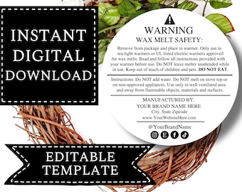 Wax Melt Warning Label Template DIGITAL DOWNLOAD | Custom Editable Template Design With Canva | Wax Melt Safety Label | 2