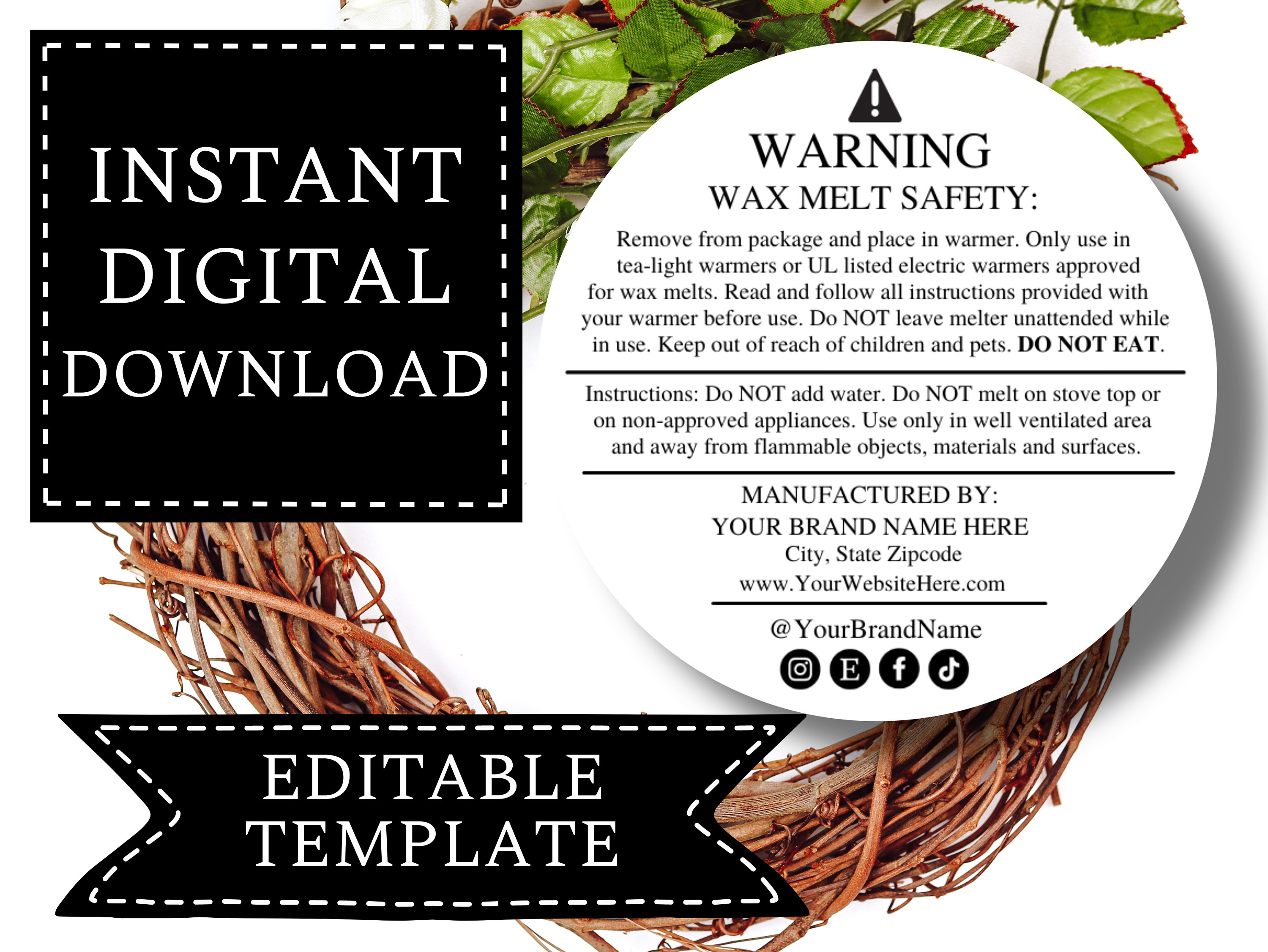Wax Melt Warning Label Template DIGITAL DOWNLOAD Custom Editable