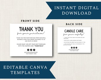 Candle Care & Thank You Card DIGITAL DOWNLOAD Template | Editable Simple Minimalist CANVA Template Design | 5.5" x 4.25" Card