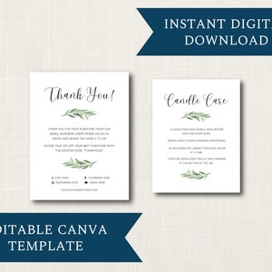 Kerzenpflege & Dankeskarte DIGITAL DOWNLOAD Vorlage | Bearbeitbares Minimalistisches Grün CANVA Template Design | 10 x 11,5 cm Karte