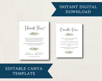 Candle Care & Thank You Card DIGITAL DOWNLOAD Template | Editable Minimalist Greenery CANVA Template Design | 4.25" x 5.5" Card