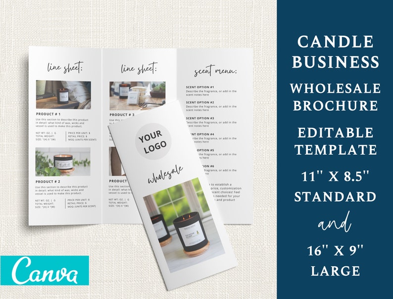 Puede incluir: Una plantilla de folleto de tres pliegues para empresas de velas. El folleto est&aacute; dise&ntilde;ado para ser utilizado para pedidos al por mayor e incluye secciones para descripciones de productos, precios y opciones de aroma. La plantilla est&aacute; disponible en dos tama&ntilde;os: 11 pulgadas por 8,5 pulgadas y 16 pulgadas por 9 pulgadas.