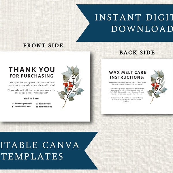 Winter Themed Wax Melt Care & Thank You Card Business DIGITAL DOWNLOAD Template | Editable Minimalist CANVA Template | 5.5" x 4.25" Card