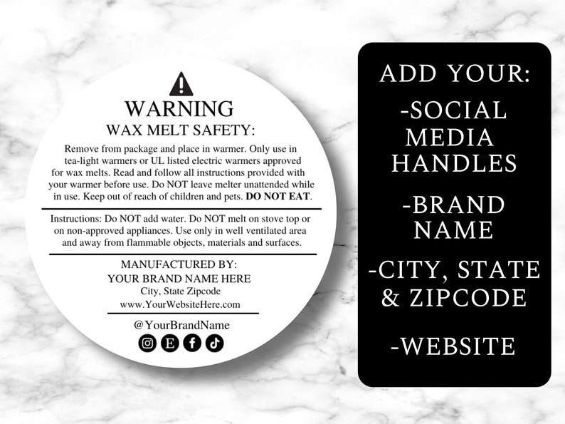 Wax Melt Warning Label Template DIGITAL DOWNLOAD Custom Etsy