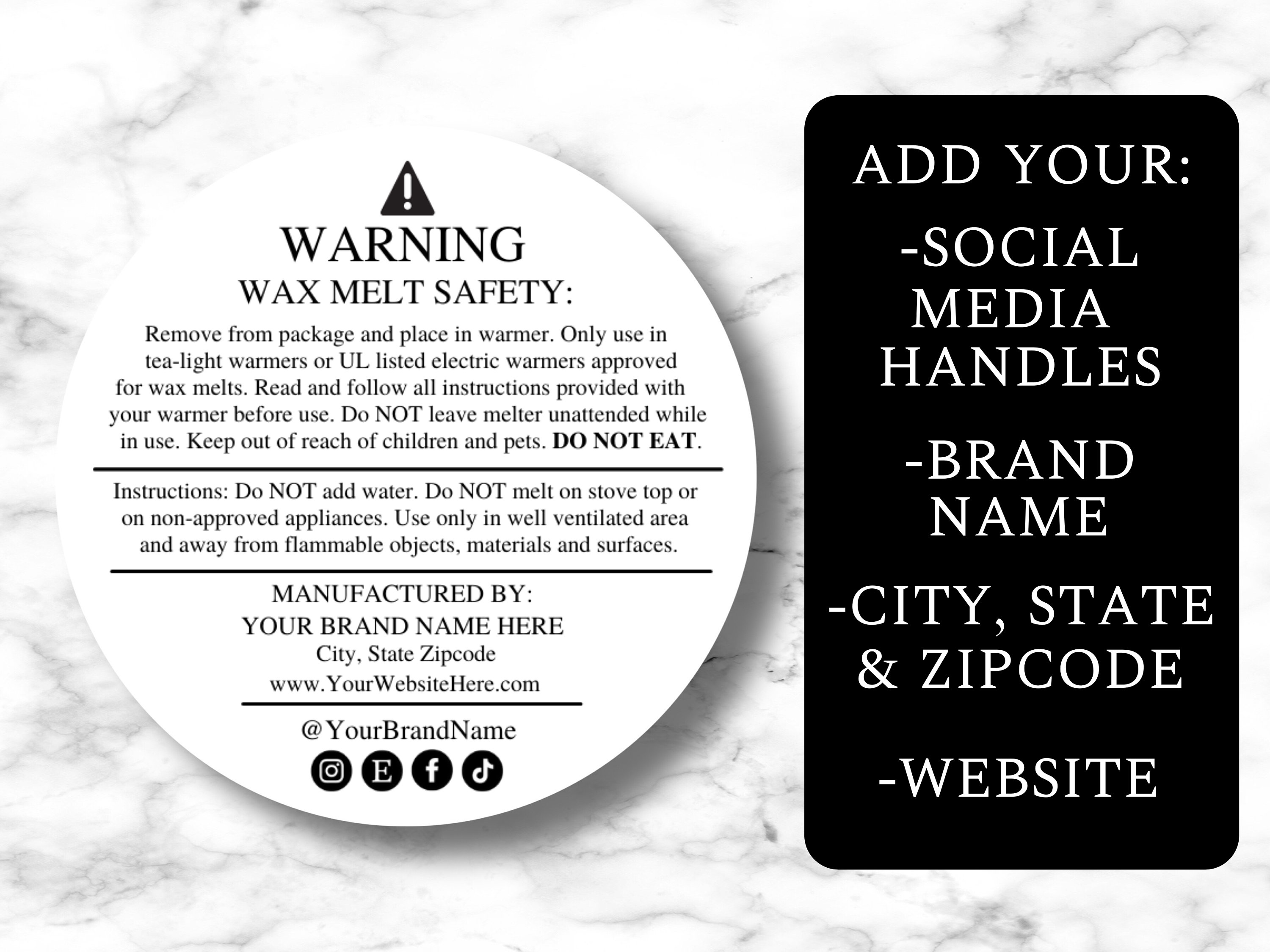 Wax Melt Warning Label Template DIGITAL DOWNLOAD Custom Editable