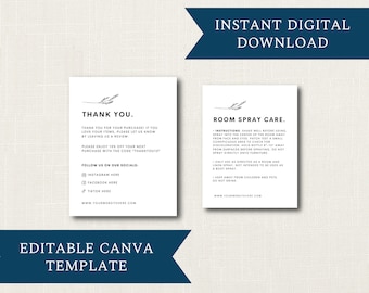 Room Spray Care & Thank You Card DIGITAL DOWNLOAD Template | Editable Minimalist CANVA Template Design | 4.25" x 5.5" Card