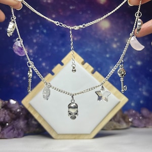 Mystical Skull Charm Necklace | Amethyst, Rose Quartz, Quartz, Moons & Stars | Gothic Witchy Jewelry
