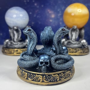 Hand-Carved Cobra Snake Crystal Sphere Holder: Serpent Totem Altar Decor