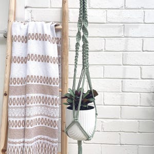 May include: A sage green macrame plant hanger with a white ceramic pot holding a plant with dark green and burgundy leaves. The hanger is suspended from a wooden ring. A wooden ladder and a patterned towel are in the background.
