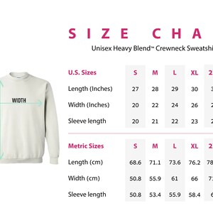 May include: Size chart for a Unisex Heavy Blend Crewneck Sweatshirt by Gildan. Includes U.S. sizes with measurements in inches: length from 27 to 32 inches, width from 20 to 30 inches, and sleeve length from 20 to 25 inches.