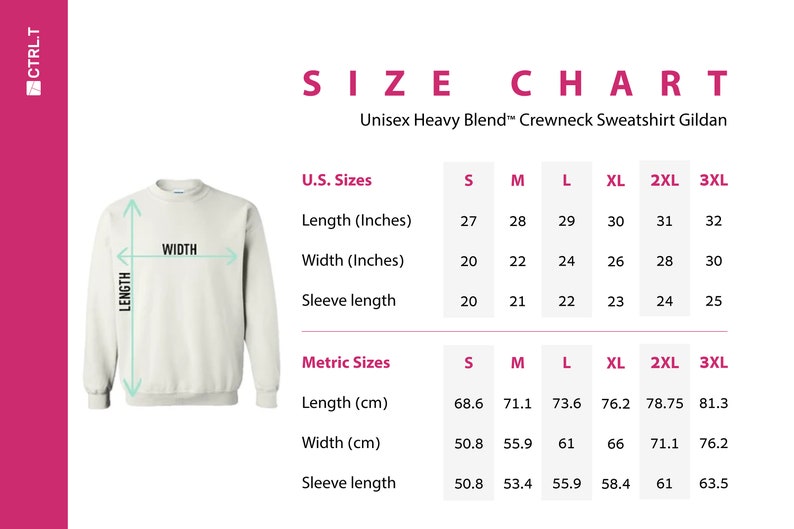 May include: Size chart for a Unisex Heavy Blend Crewneck Sweatshirt by Gildan. Includes U.S. sizes with measurements in inches: length from 27 to 32 inches, width from 20 to 30 inches, and sleeve length from 20 to 25 inches.