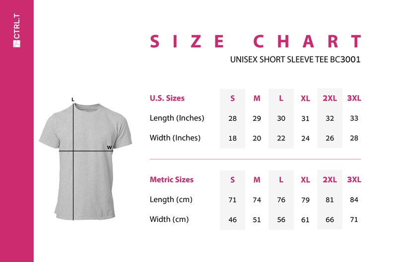 Puede incluir: Tabla de tallas para una camiseta unisex de manga corta, BC3001. La tabla muestra tallas estadounidenses con largos de 71 a 84 cm y anchos de 46 a 71 cm. Las tallas estadounidenses tambi&eacute;n se muestran en pulgadas.