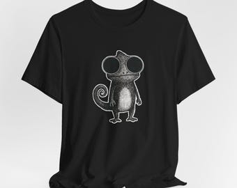 カメレオンシャツ、ミニマリストトカゲグラフィックTシャツ、カメレオンイラストシャツ、共感できるムードシャツ、ユニークな爬虫類ギフト、芸術的な自然トップス