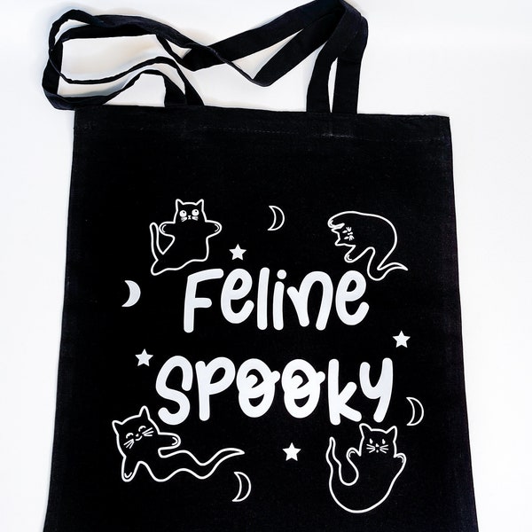 Black Cat Feline Spooky Ghost Tote Bag Black | Cute Tote Bag | Gifts for Cat Lovers