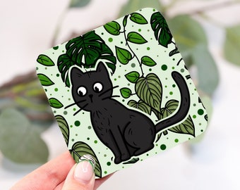 Botanical Plant Black Cat Coaster | Drinks Coaster | Cat Coaster | Gifts for Cat Lovers