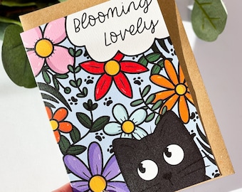 Bloeiende mooie bloemen zwarte kat wenskaart | Kat verjaardagskaart | Kat minnaar kaart | Cadeaus voor kattenliefhebbers | Bedankkaart