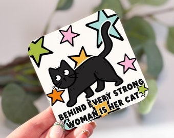 Strong Woman Black Cat Star Coaster | Cat Coaster | Drinks Coaster | Gifts for Cat Lovers | Star Aesthetic | Cat Quote Art
