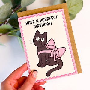 Purrfect Birthday Black Cat Pink Bow Card | Cat Birthday Card | Cat Lover Birthday Card | Gifts for Cat Lovers | Cat Greetings Card |