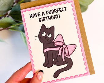 Purrfect Birthday Black Cat Pink Bow Card | Cat Birthday Card | Cat Lover Birthday Card | Gifts for Cat Lovers | Cat Greetings Card |