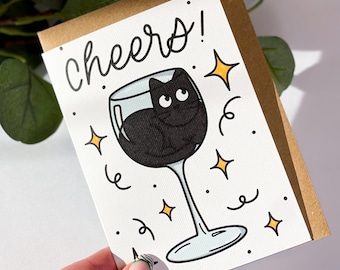 Cheers wijnglas zwarte kat wenskaart | Kat verjaardagskaart | Kat minnaar kaart | Cadeaus voor kattenliefhebbers | Bedankkaart | Vieringskaart
