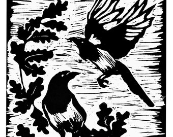 May include: Black and white woodcut print of two magpies perched on a branch with leaves. The magpie on the left is facing the viewer, while the magpie on the right is flying away.