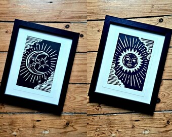 Sonne und Mond Linoldrucke. A5 Linoldruck Kunst, himmlisches Bild, Horoskop Geschenk.