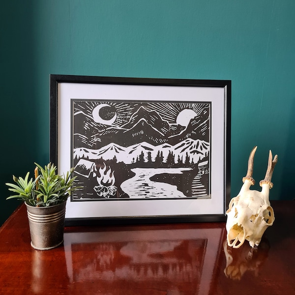 Mountain Camp A4 Art Print, Linoprint landscape, Block print sun and moon art, Campervan gift , Black white Wall Art, vanlife, linocut art