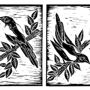 Set of Two Magpie Prints, Linocut black and white bird wall art, Two For Joy Magpies Anniversary Gift, Linoprint magpie artwork, Christmas.