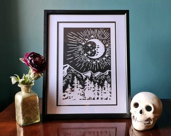 Mountain Linocut Art Print A4