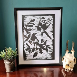 Magpies Linocut Print: Two For Joy Bird Art (A4)