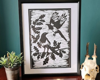 Magpies Linocut Print, Two For Joy, birds artwork, magpie block print, Bird print, Christmas gift