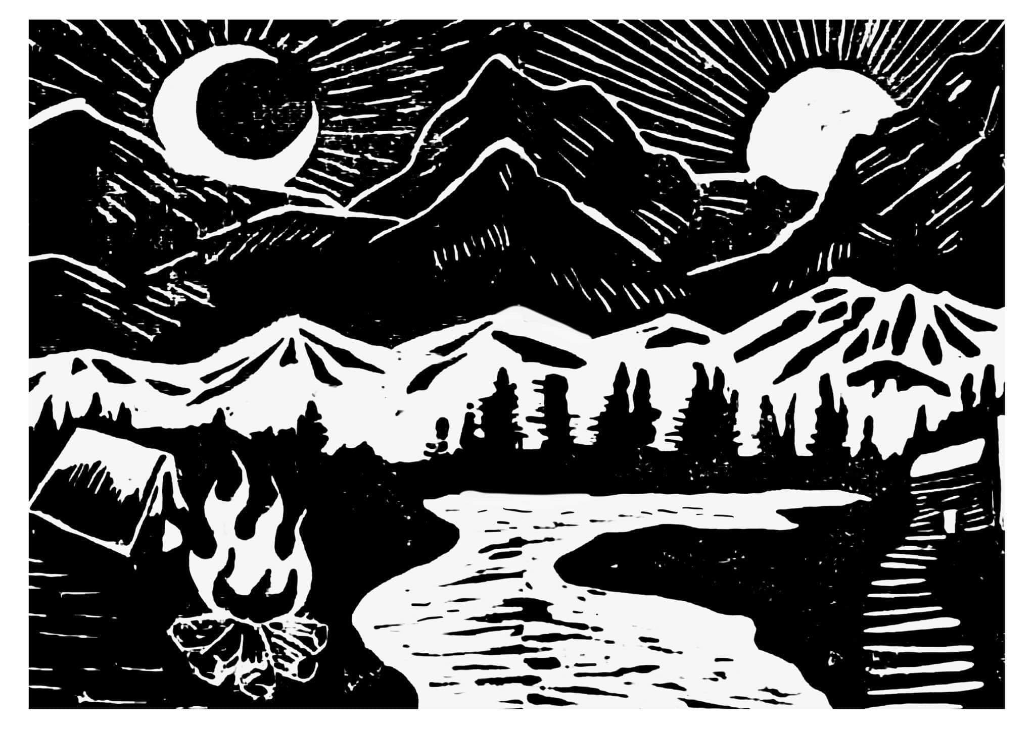 Mountain Camp A4 Art Print Linoprint landschap Blok print - Etsy Nederland
