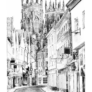 May include: A black and white pencil drawing of a street in a city with a large cathedral in the background. The street is lined with buildings and there are people walking on the sidewalk.