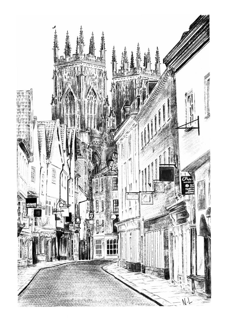 May include: A black and white pencil drawing of a street in a city with a large cathedral in the background. The street is lined with buildings and there are people walking on the sidewalk.