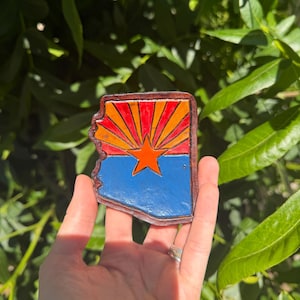 May include: A hand-held, Arizona-shaped magnet. The magnet features a blue, orange, and red design with a star in the center. The magnet is surrounded by a brown border and is set against a backdrop of green leaves.