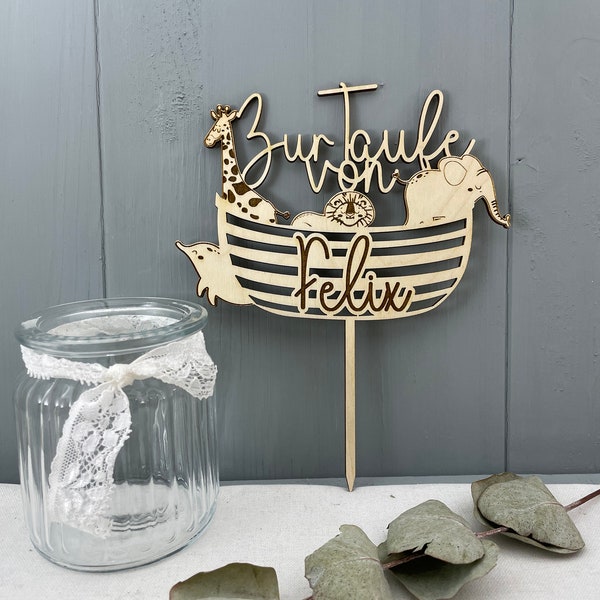 Cake Topper - Round Cake Topper with Name Christening Noah's Ark Animals - 000139