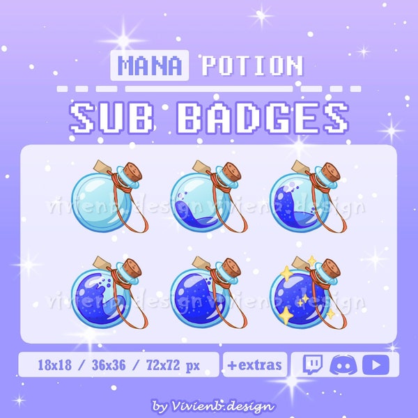 6 Mana Potion Twitch Sub Badges | Bit Badges | Cheer Badges | Emotes | Gaming Streaming | RPG Style | Twitch, Discord, Youtube | Streamer