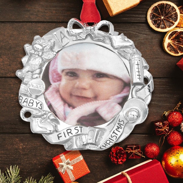 Modern Picture Frame Toy Wreath "Baby's First Christmas" Birthday Photo Sterling Silver Metal Keepsake Ornament
