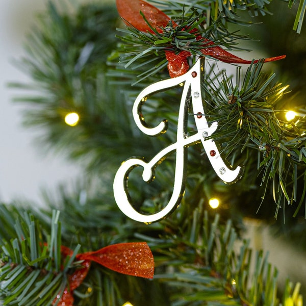 A-Z Initial Name Letter Monogram Personalized Christmas Tree Ornament Silver Custom Alphabet Ornaments DIY Metal Hanging Xmas Ornment