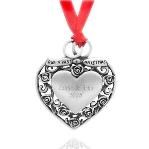 Modern Ornate &quot;Our First Christmas&quot; Sterling Silver Plated Genuine PewterMetal Heart Ornament