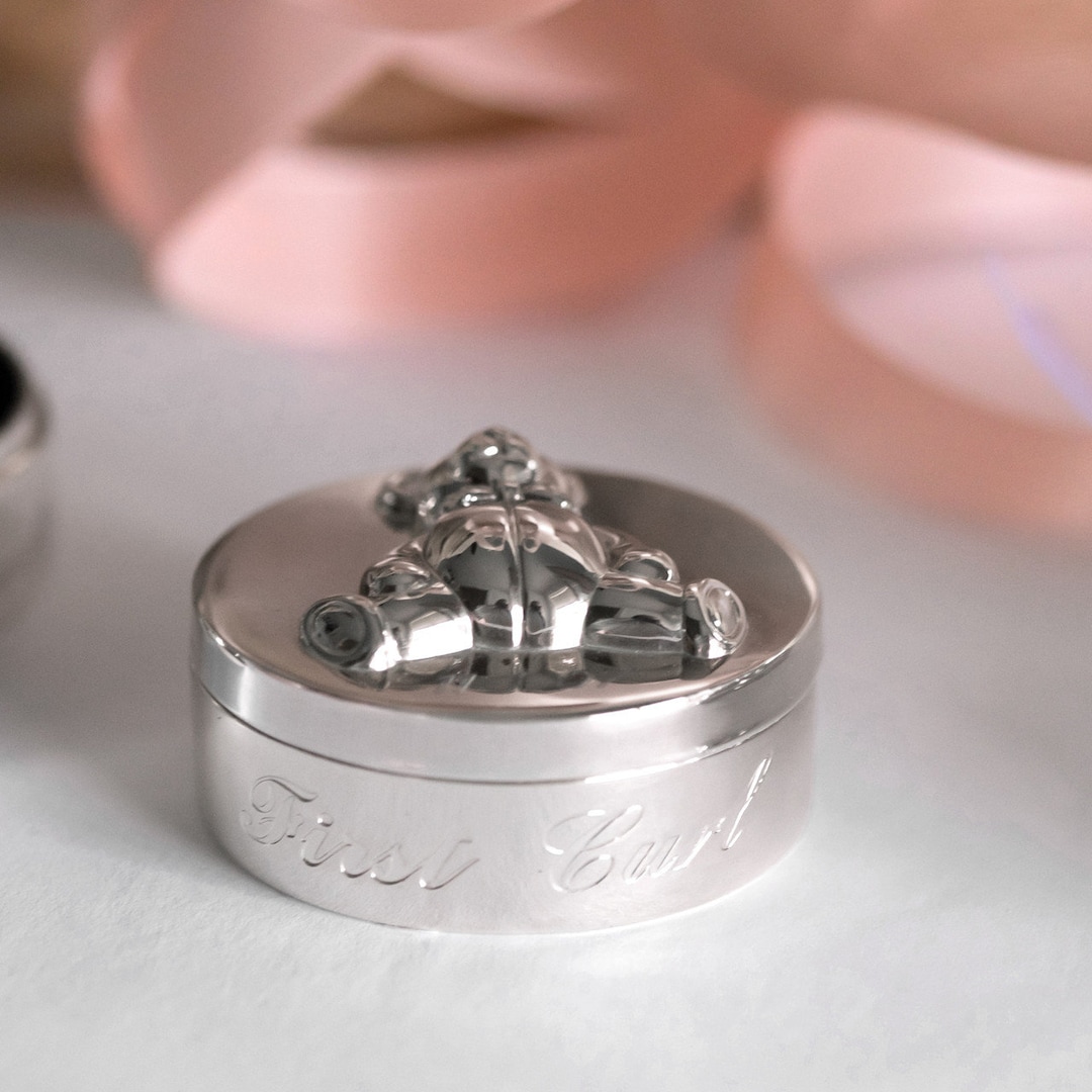 Two Piece Engraved Silver Babys First Tooth Teeth and Hair Curl Lock ...