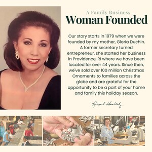 May include: A woman stands in front of a white background with text that reads "A Family Business Woman Founded". The text describes the company's history, which was founded in 1979 by her mother. The company has been in business for over 44 years and has sold over 100 million Christmas ornaments. The text also includes a handwritten signature.