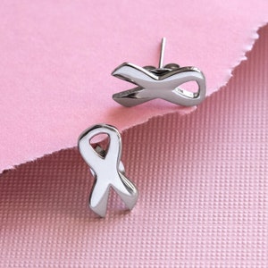 Silver Ribbon Cancer Awareness Post Earrings 1/2 Inch Stainless Steel PE3766 Gift for Cancer Survivor Breast Cancer Support