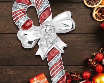 Modern Elegant Candy Cane Sterling Silver Metal Keepsake Christmas Tree Ornament