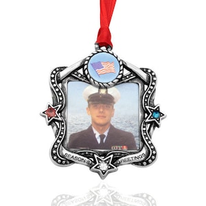 Military Service Patriotic Picture Photo Frame Christmas Ornaments Silver Metal DIY Personalized Engraved USA Flag Stars
