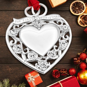 Modern Ornate &quot;Our First Christmas&quot; Sterling Silver Plated Genuine PewterMetal Heart Ornament