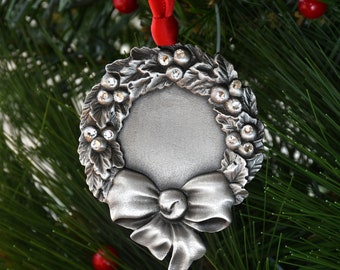 Elegant Pewter Crystal Wreath Ornament: Gloria Duchin Collectible Vintage Style Personalized Antique Xmas Ornament Engraved
