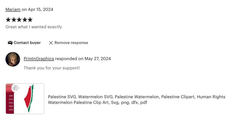 May include: A customer review shows a five-star rating and the text "Great what I wanted exactly." Below, a graphic displays a watermelon slice in the colors of the Palestinian flag, with text including "Palestine SVG" and file formats.